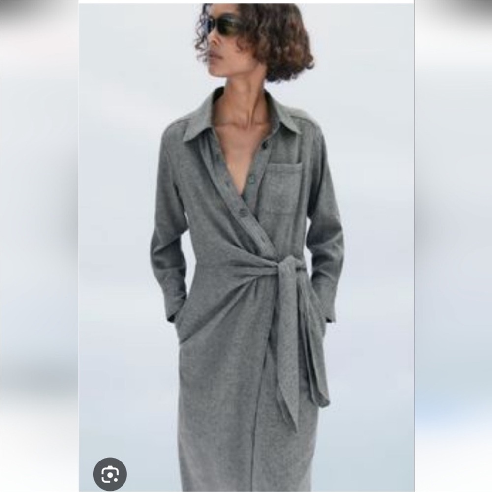 Garnet Hill 100% Cotton Flannel Midi Dress Tie Waist Pockets Size 8 Soft Grey​